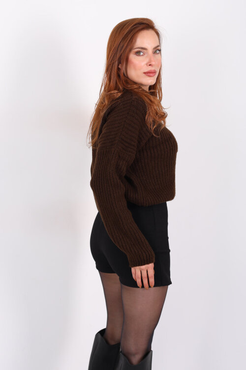 Bisiklet Yaka Oversize Acı Kahve Kadın Triko Crop - 5