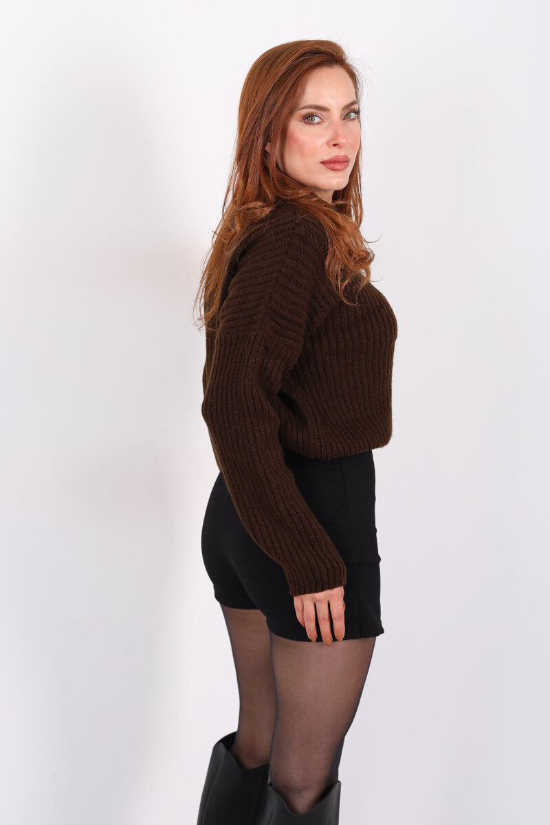 Bisiklet Yaka Oversize Acı Kahve Kadın Triko Crop - 5