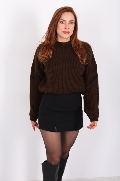 Bisiklet Yaka Oversize Acı Kahve Kadın Triko Crop - 3