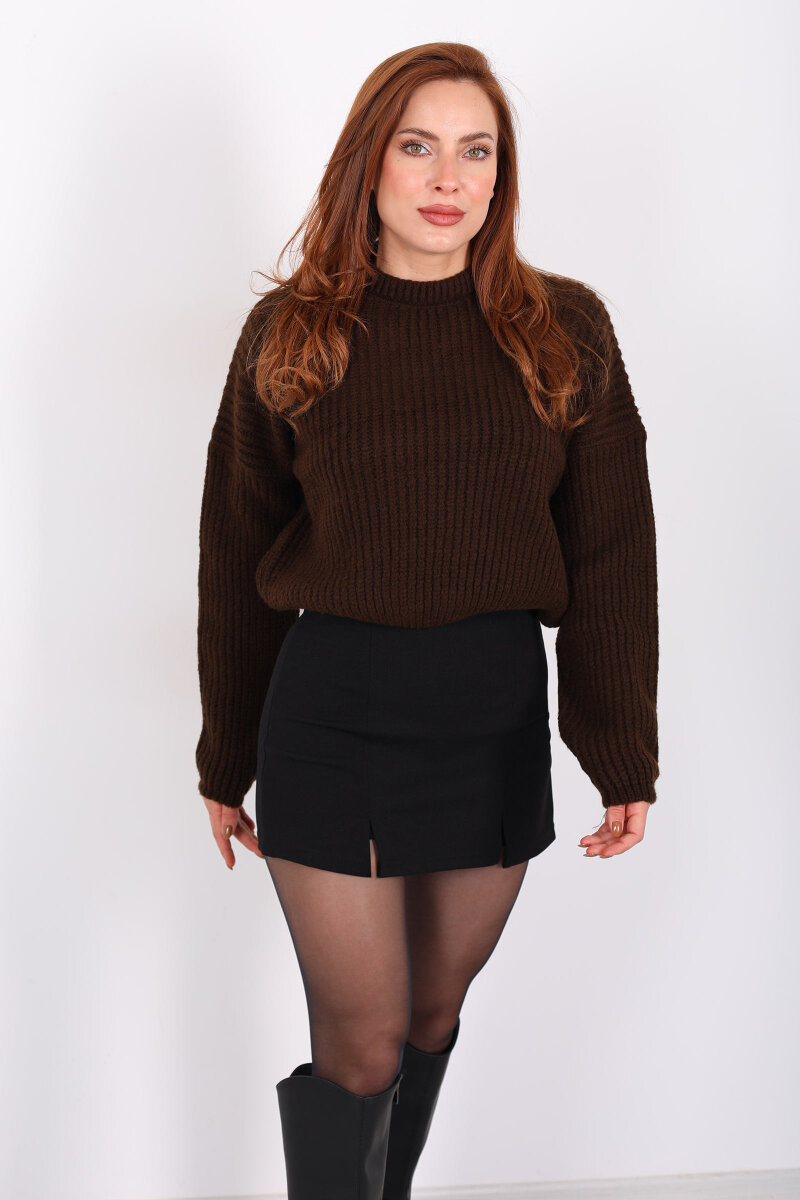 Bisiklet Yaka Oversize Acı Kahve Kadın Triko Crop - 3