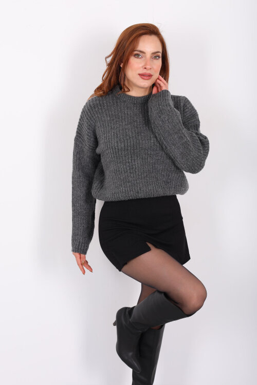 Bisiklet Yaka Oversize Antrasit Kadın Triko Crop - Berox