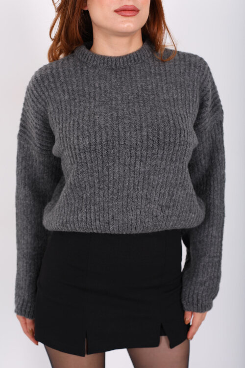 Bisiklet Yaka Oversize Antrasit Kadın Triko Crop - Berox (1)