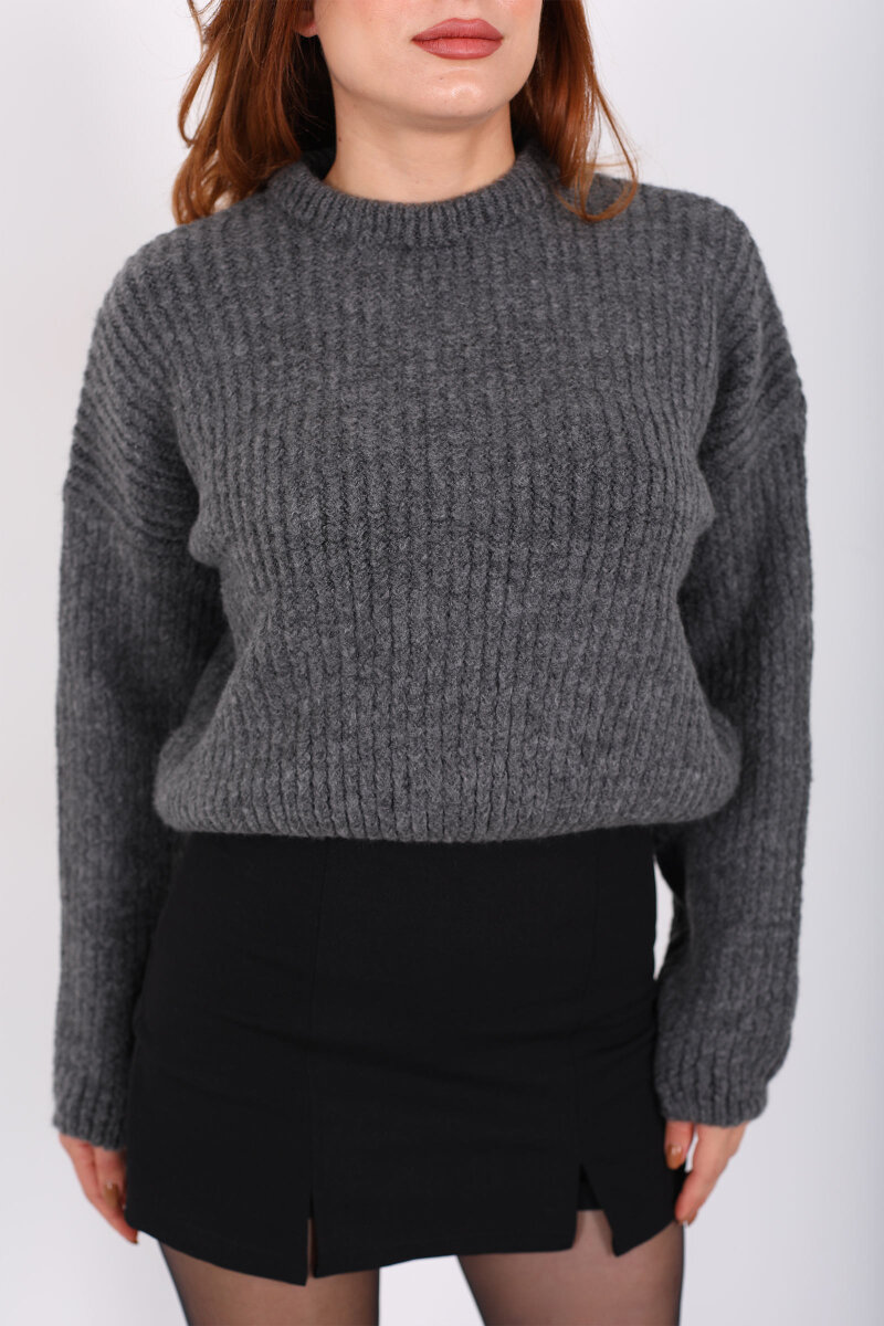 Bisiklet Yaka Oversize Antrasit Kadın Triko Crop - 2