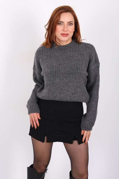 Bisiklet Yaka Oversize Antrasit Kadın Triko Crop - 5