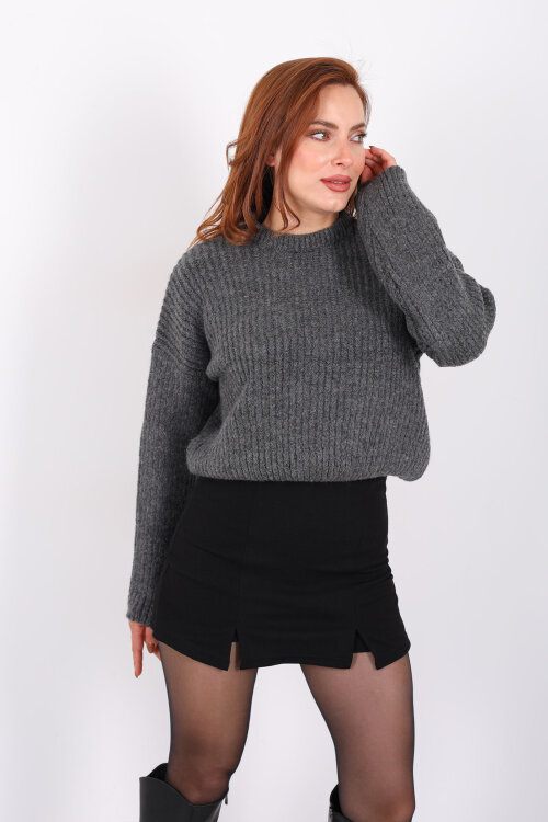 Bisiklet Yaka Oversize Antrasit Kadın Triko Crop - 3