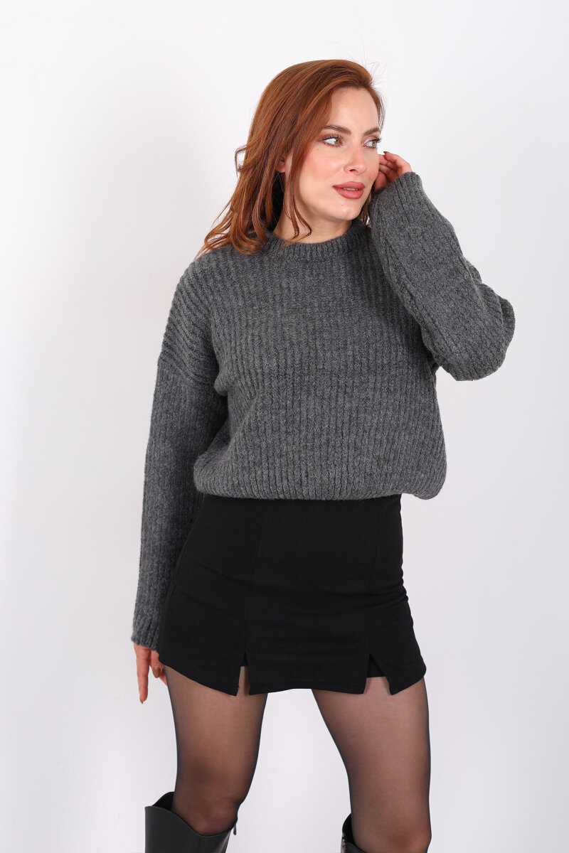 Bisiklet Yaka Oversize Antrasit Kadın Triko Crop - 3