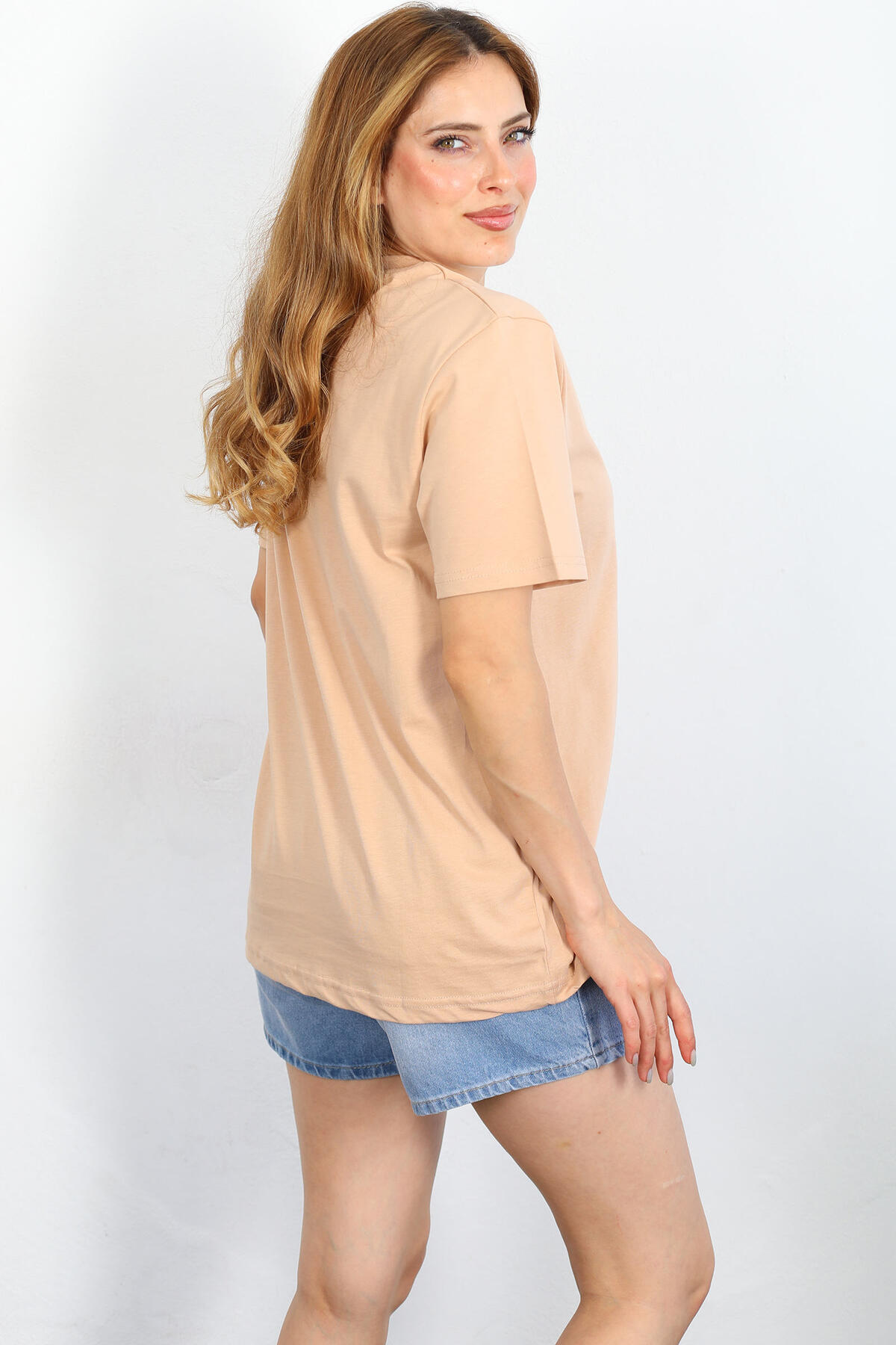 Bisiklet Yaka Oversize Bej Ünisex T-shirt