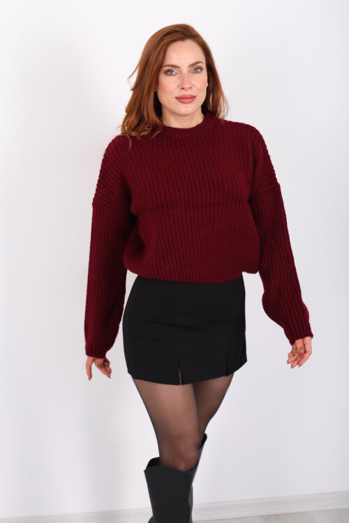 Bisiklet Yaka Oversize Bordo Kadın Triko Crop - 5