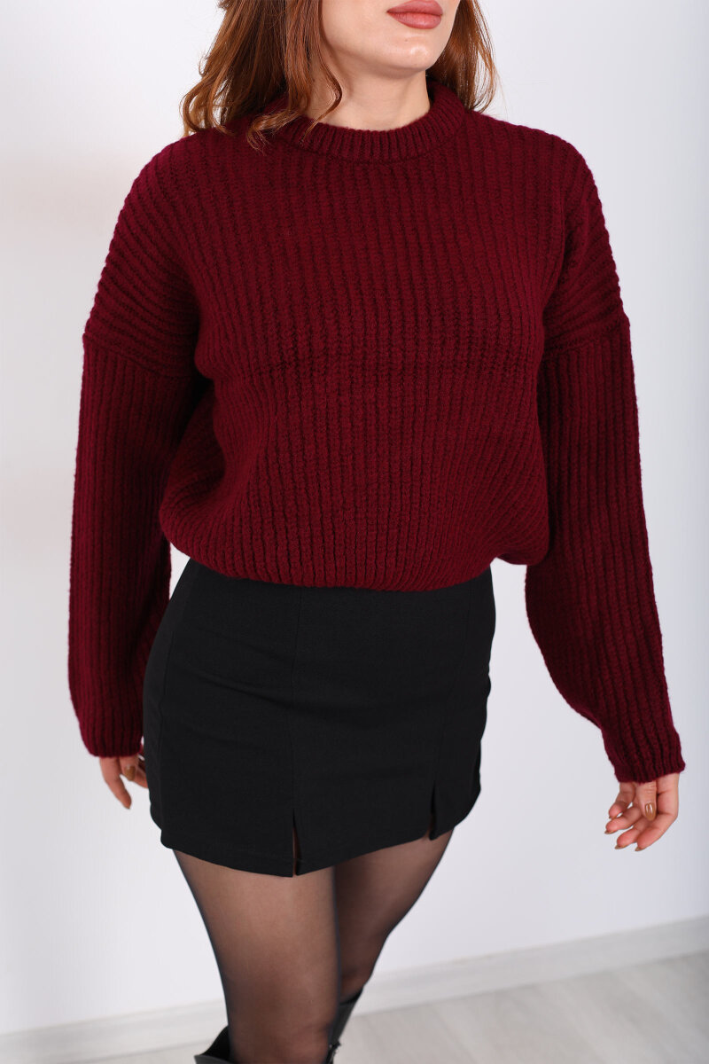 Bisiklet Yaka Oversize Bordo Kadın Triko Crop - 2