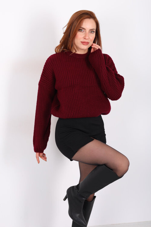 Bisiklet Yaka Oversize Bordo Kadın Triko Crop - Berox