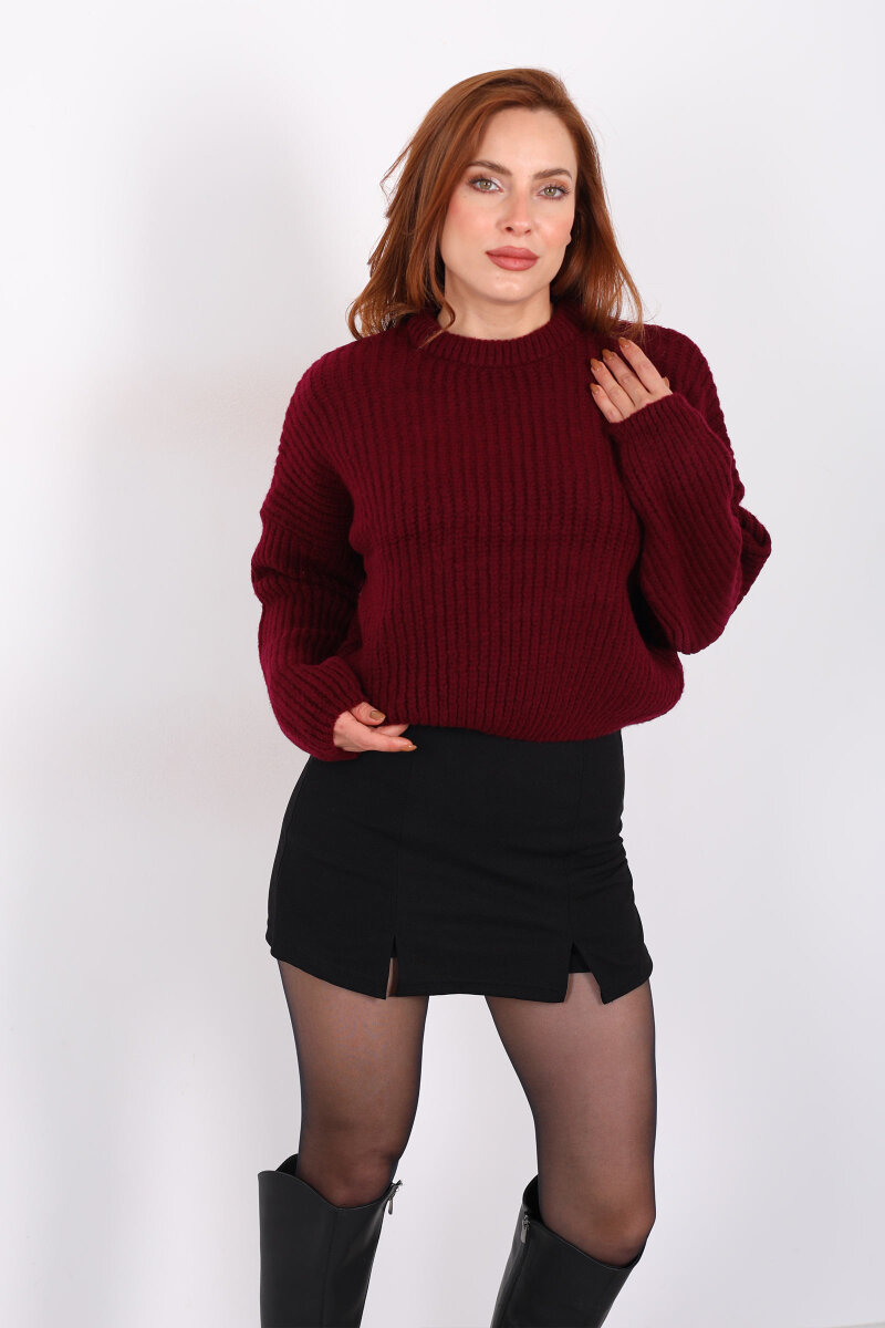 Bisiklet Yaka Oversize Bordo Kadın Triko Crop - 3