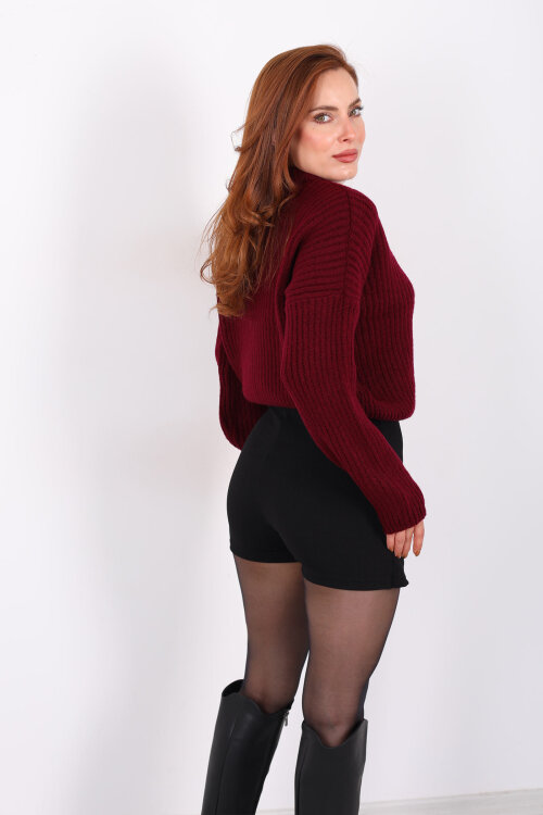 Bisiklet Yaka Oversize Bordo Kadın Triko Crop - 4