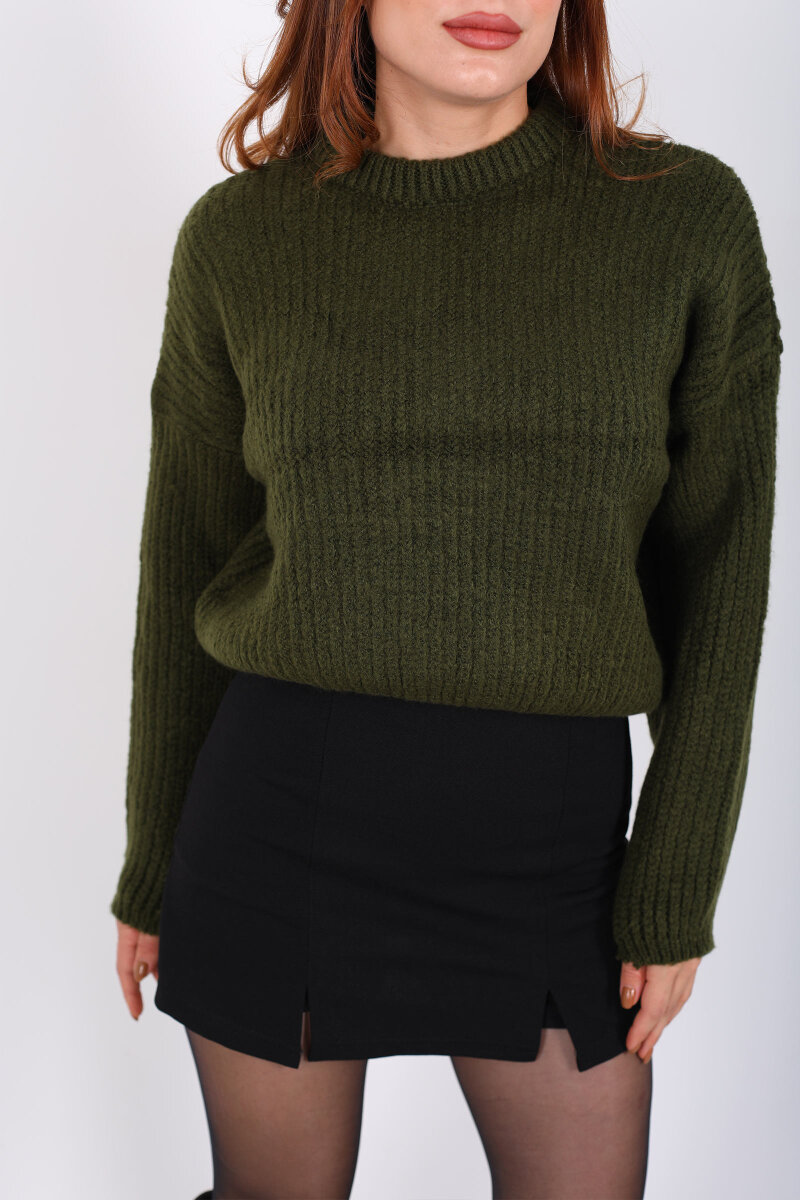 Bisiklet Yaka Oversize Haki Kadın Triko Crop - 2