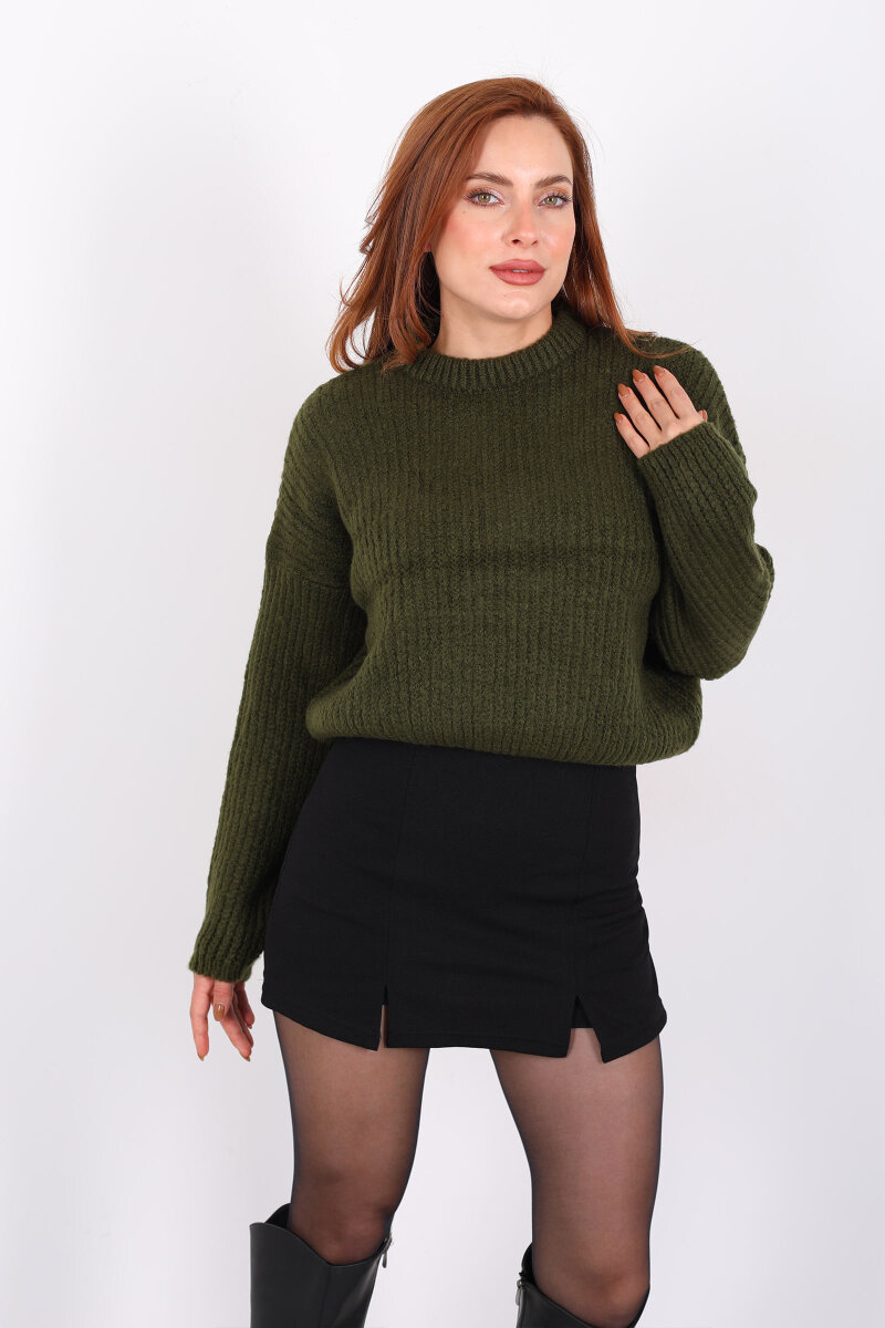 Bisiklet Yaka Oversize Haki Kadın Triko Crop - 1