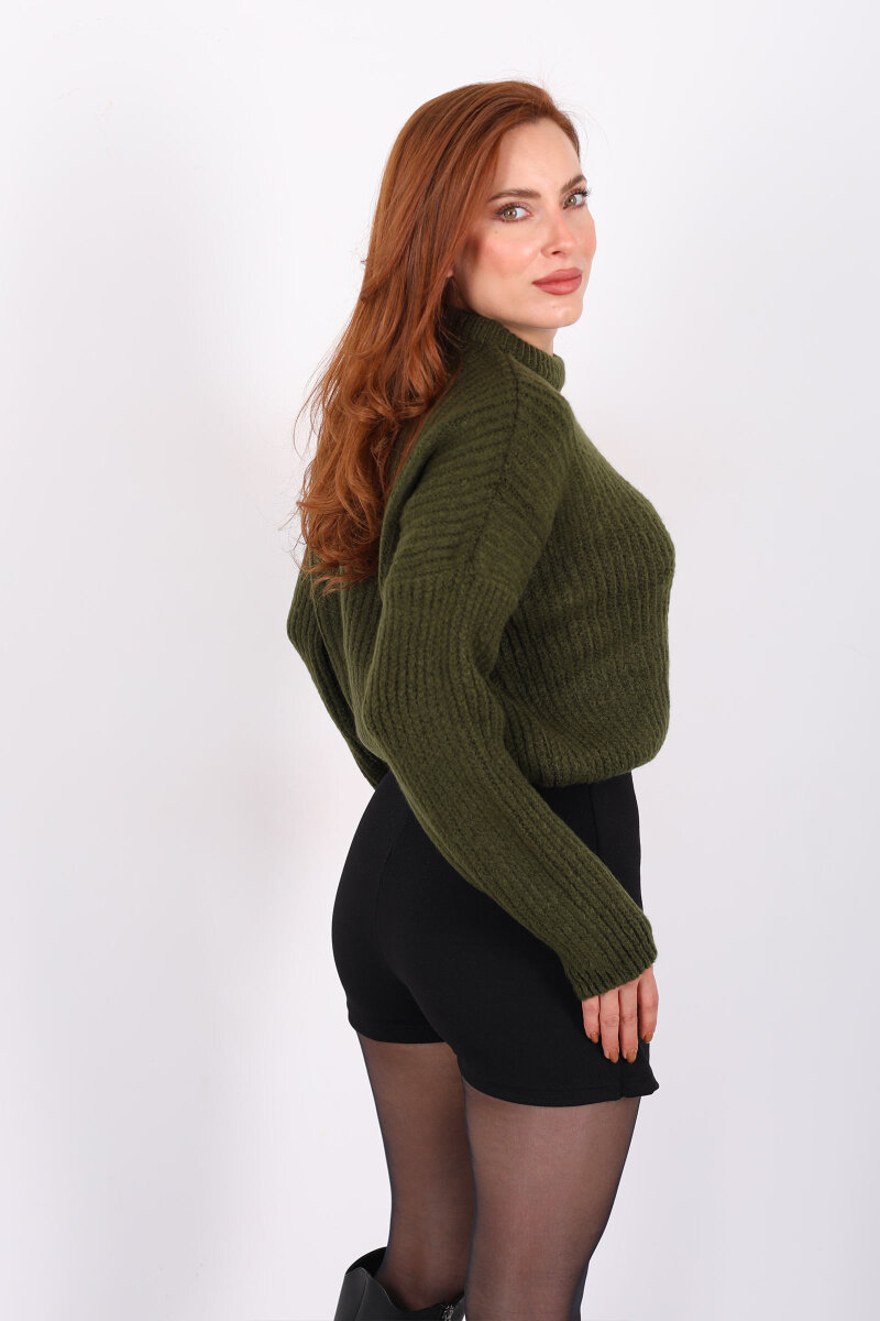 Bisiklet Yaka Oversize Haki Kadın Triko Crop - 5