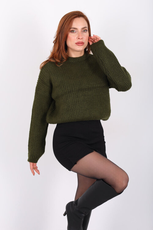 Bisiklet Yaka Oversize Haki Kadın Triko Crop - 3