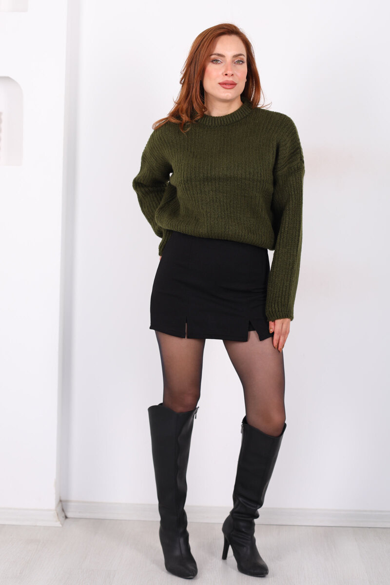 Bisiklet Yaka Oversize Haki Kadın Triko Crop - 6