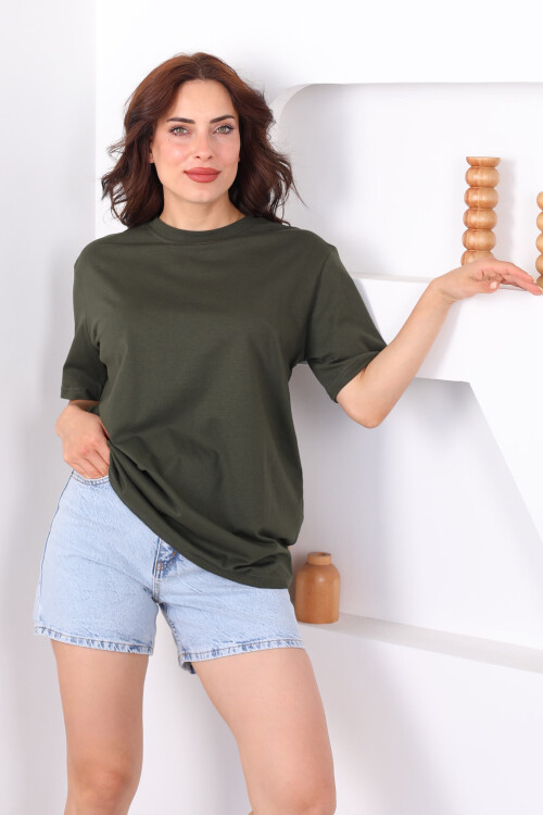 Bisiklet Yaka Oversize Haki Unisex T-Shirt 