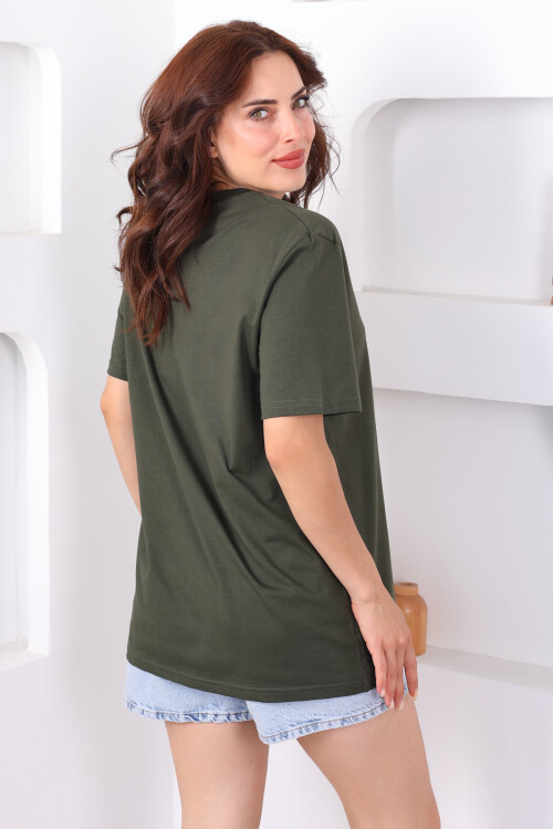 Bisiklet Yaka Oversize Haki Unisex T-Shirt - 2