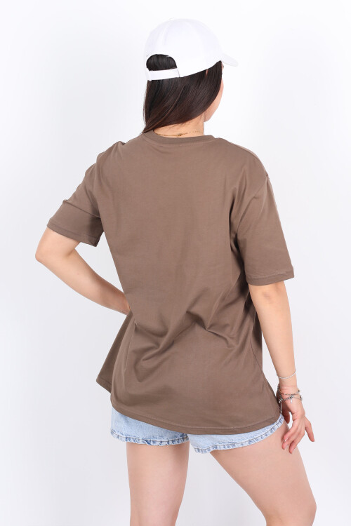 Bisiklet Yaka Oversize Kahverengi Unisex T-Shirt - 5