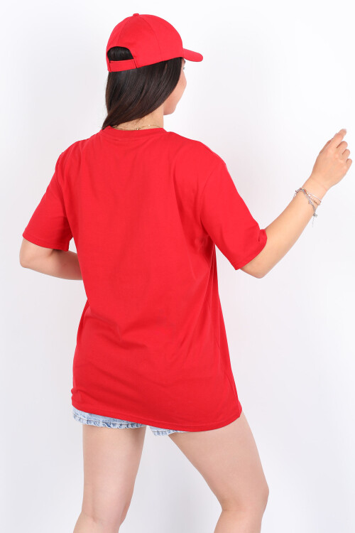 Bisiklet Yaka Oversize Kırmızı Unisex T-Shirt - 5