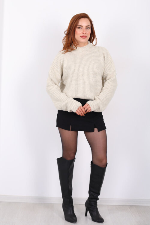 Bisiklet Yaka Oversize Krem Kadın Triko Crop - 5