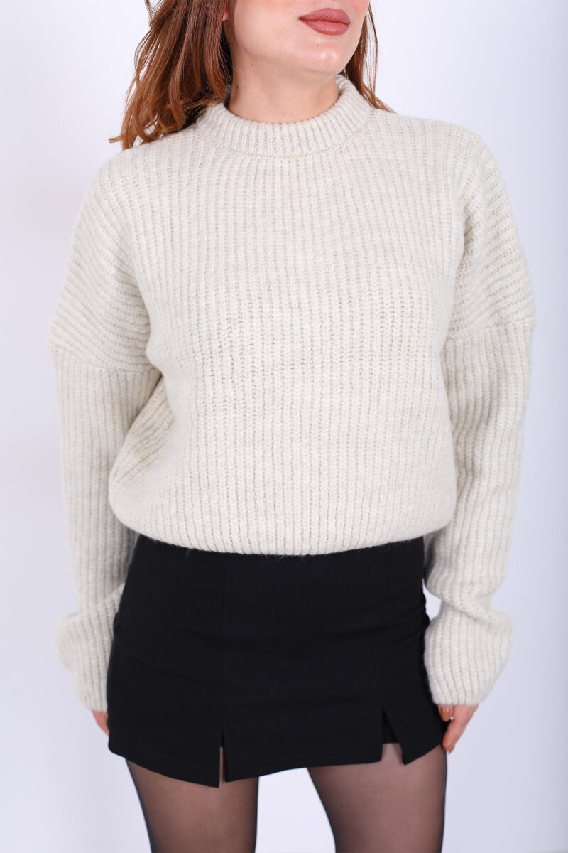 Bisiklet Yaka Oversize Krem Kadın Triko Crop - 2