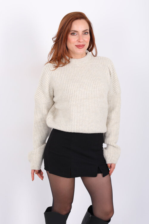 Bisiklet Yaka Oversize Krem Kadın Triko Crop - 3