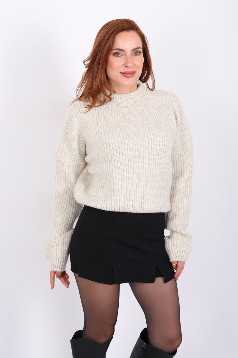 Bisiklet Yaka Oversize Krem Kadın Triko Crop - 3