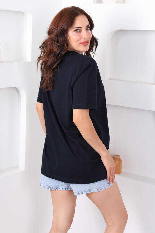 Bisiklet Yaka Oversize Lacivert Unisex T-Shirt - 4
