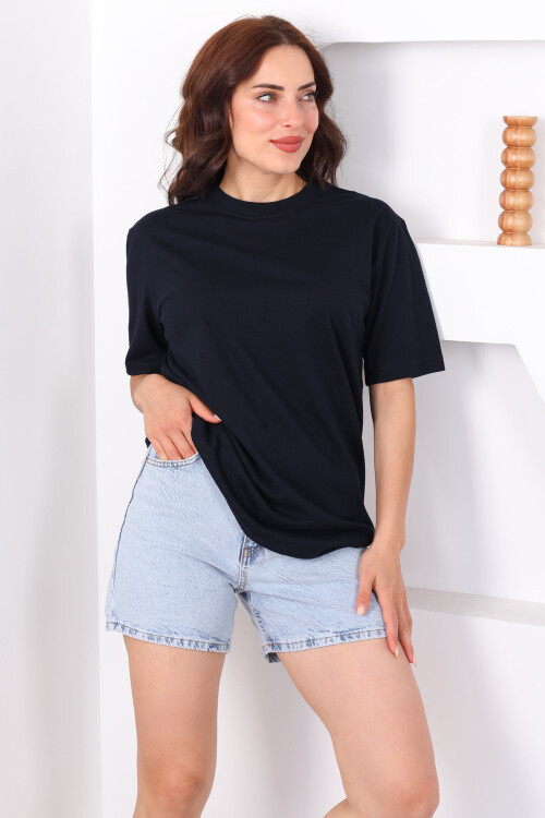 Bisiklet Yaka Oversize Lacivert Unisex T-Shirt 