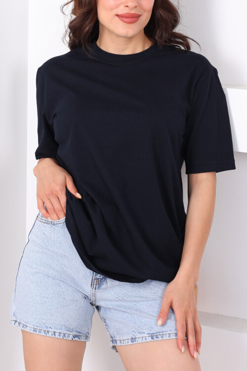 Bisiklet Yaka Oversize Lacivert Unisex T-Shirt - 2