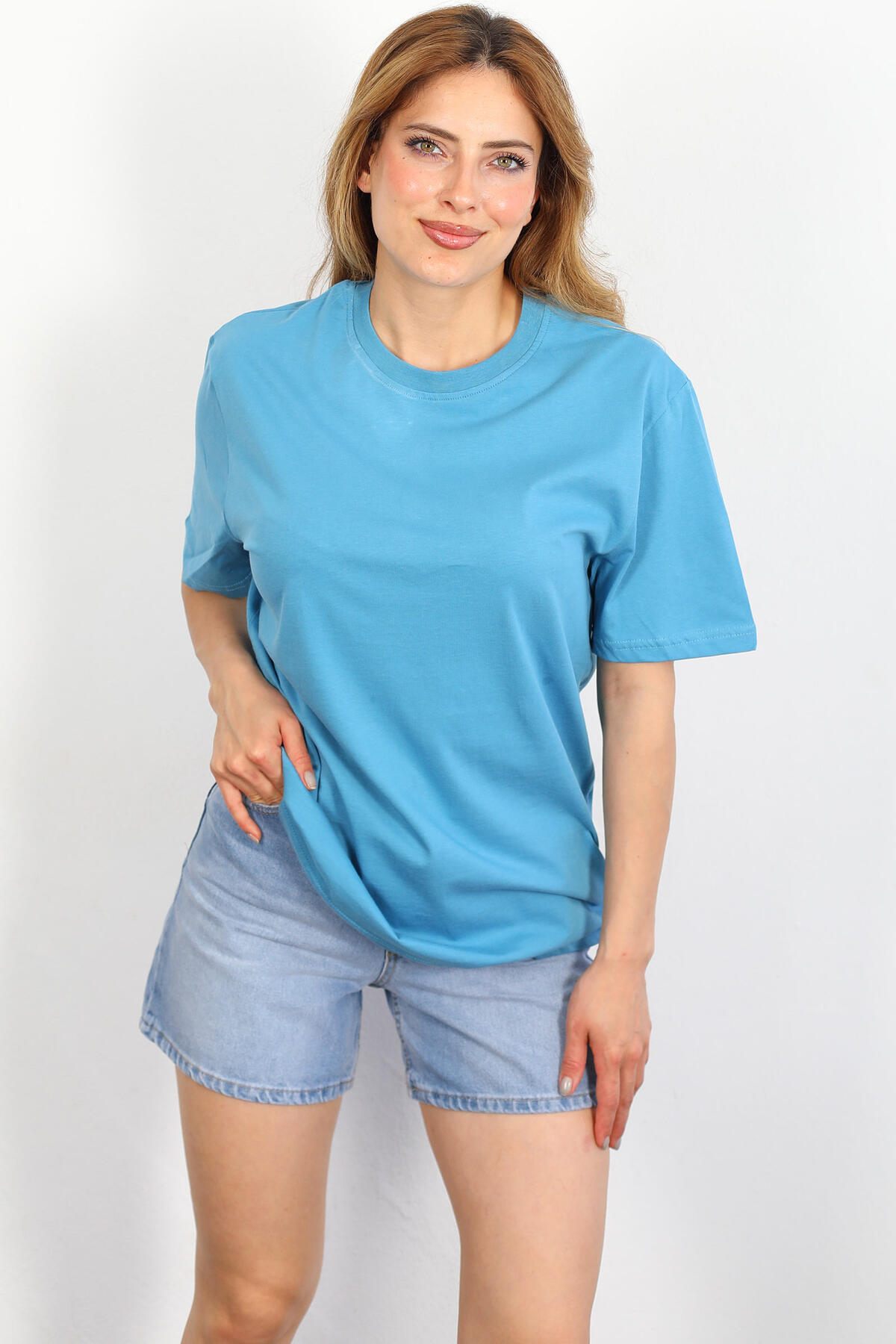 Bisiklet Yaka Oversize Mavi Kadın T-shirt