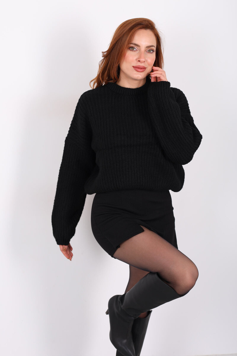 Bisiklet Yaka Oversize Siyah Kadın Triko Crop - 5