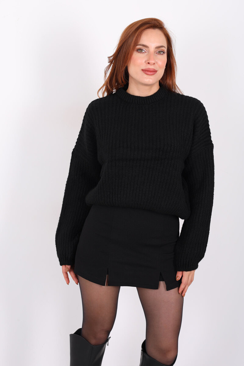 Bisiklet Yaka Oversize Siyah Kadın Triko Crop - 3