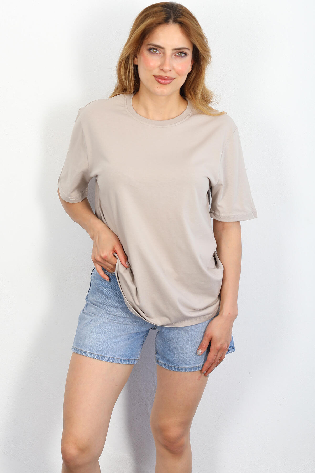 Bisiklet Yaka Oversize Taş Rengi Ünisex T-shirt