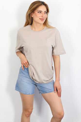 Bisiklet Yaka Oversize Taş Rengi Unisex T-Shirt - 2