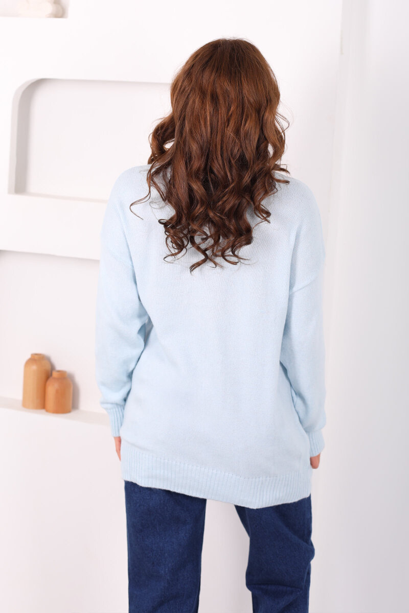 Bisiklet Yaka Oversize Yünlü Bebe Mavisi Kadın Triko Kazak - 5