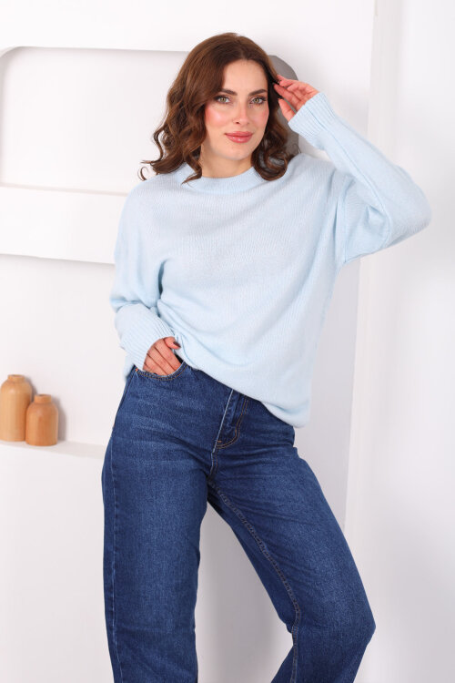 Bisiklet Yaka Oversize Yünlü Bebe Mavisi Kadın Triko Kazak - Berox