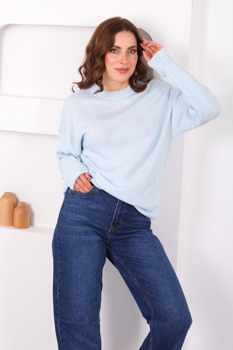 Bisiklet Yaka Oversize Yünlü Bebe Mavisi Kadın Triko Kazak - 1