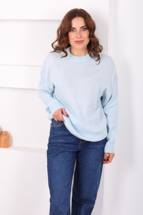 Bisiklet Yaka Oversize Yünlü Bebe Mavisi Kadın Triko Kazak - 6