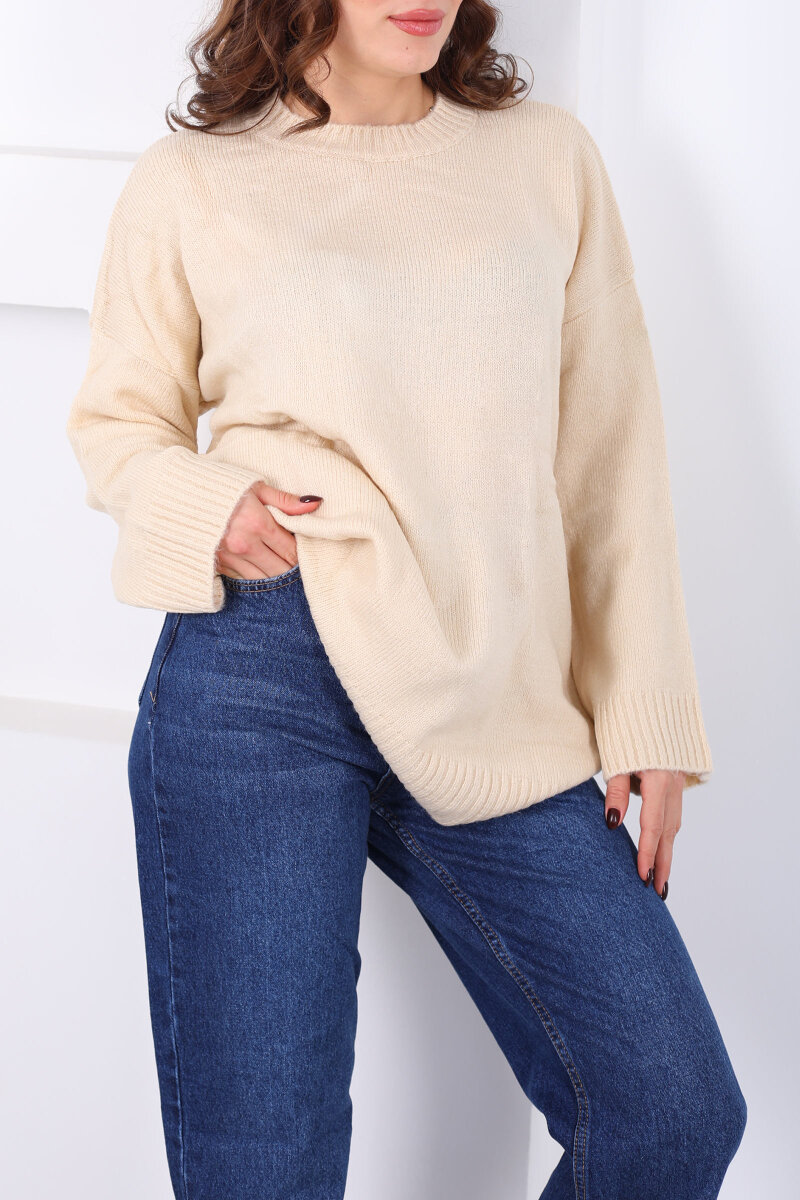 Bisiklet Yaka Oversize Yünlü Bej Kadın Triko Kazak - 2
