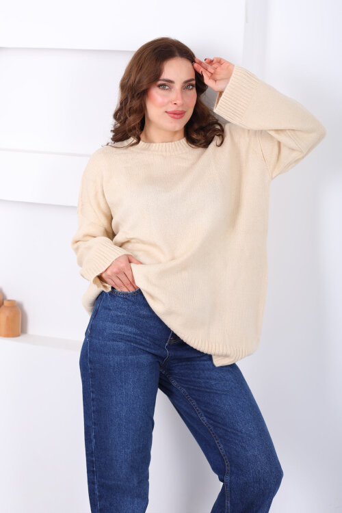 Bisiklet Yaka Oversize Yünlü Bej Kadın Triko Kazak - 3