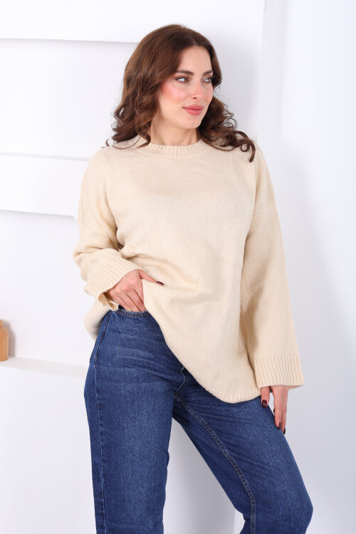 Bisiklet Yaka Oversize Yünlü Bej Kadın Triko Kazak - 6