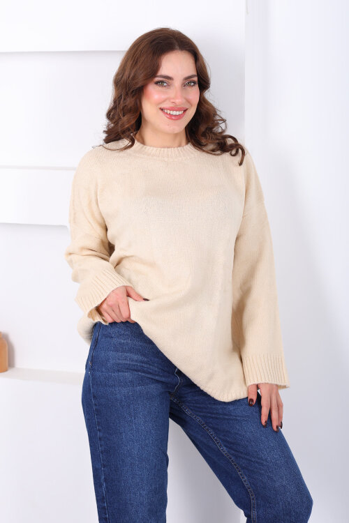 Bisiklet Yaka Oversize Yünlü Bej Kadın Triko Kazak - Berox