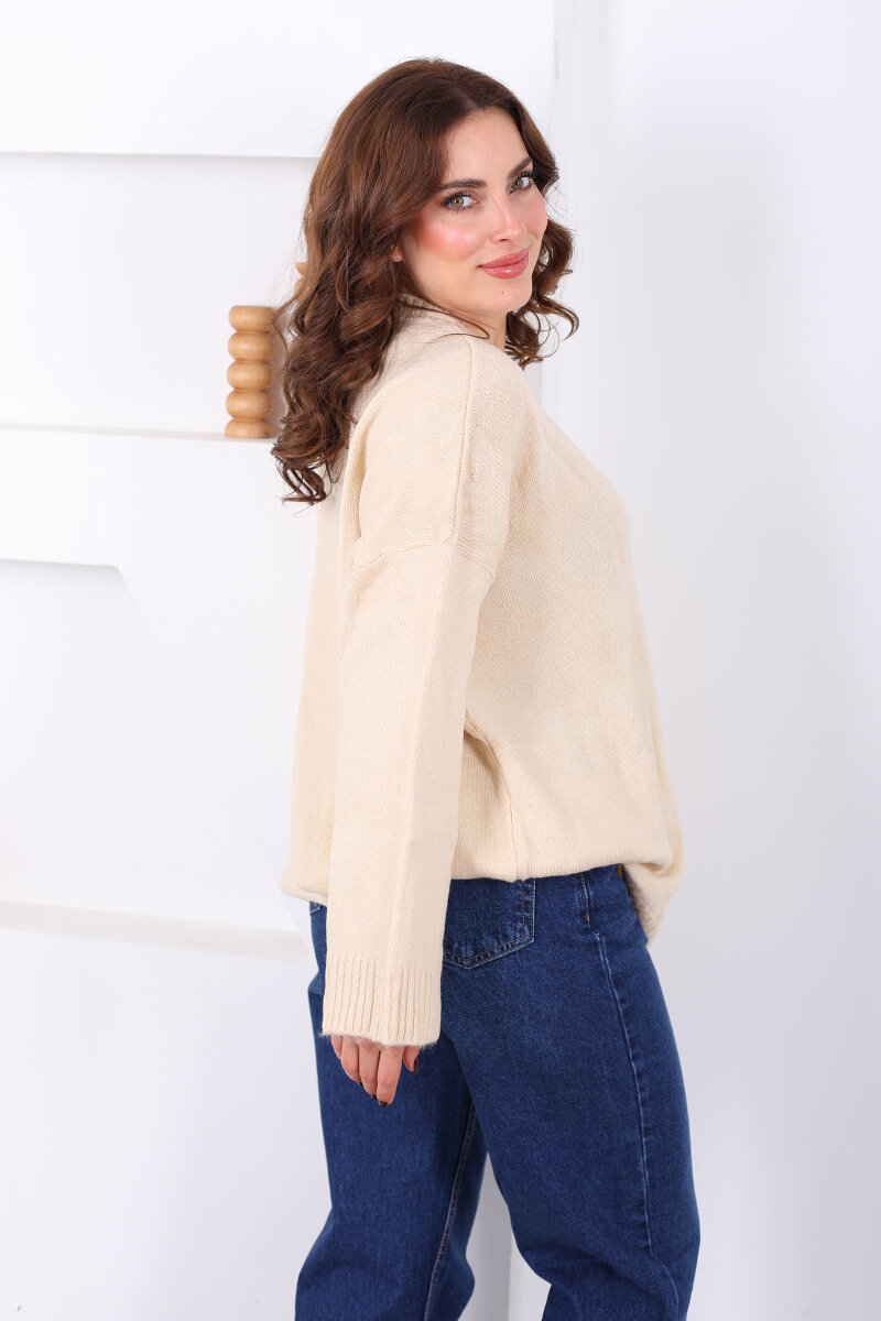Bisiklet Yaka Oversize Yünlü Bej Kadın Triko Kazak - 5