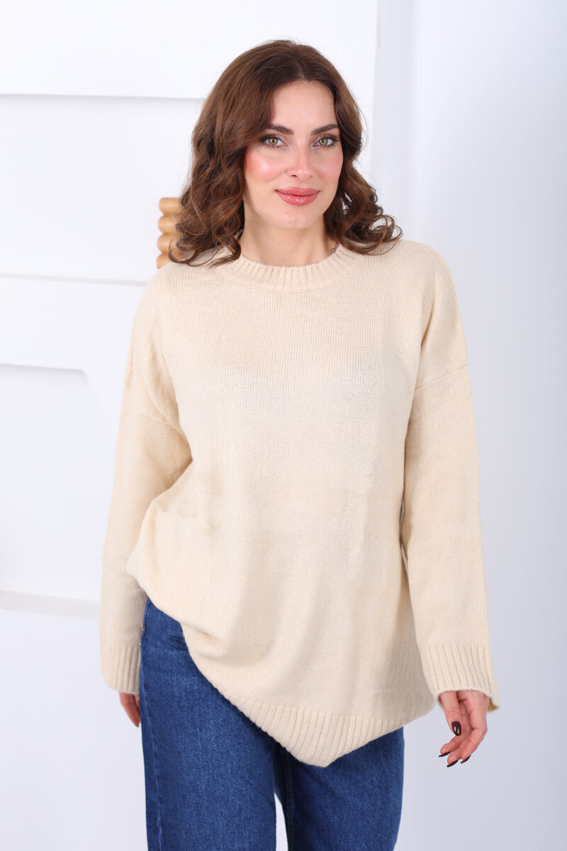 Bisiklet Yaka Oversize Yünlü Bej Kadın Triko Kazak - 4