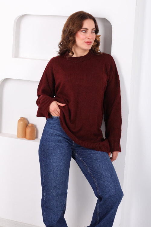 Bisiklet Yaka Oversize Yünlü Bordo Kadın Triko Kazak - 4