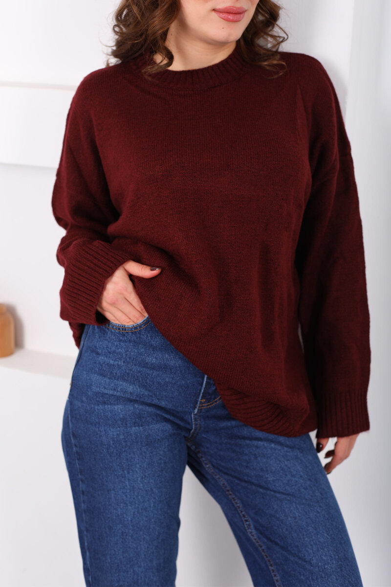 Bisiklet Yaka Oversize Yünlü Bordo Kadın Triko Kazak - 2