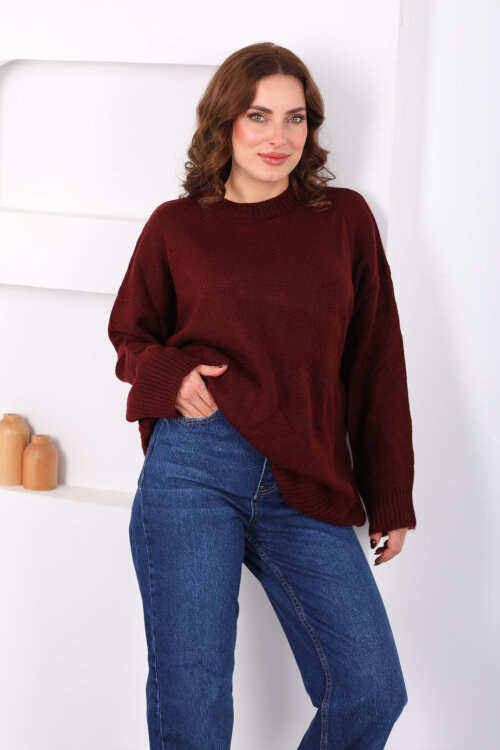 Bisiklet Yaka Oversize Yünlü Bordo Kadın Triko Kazak - 6